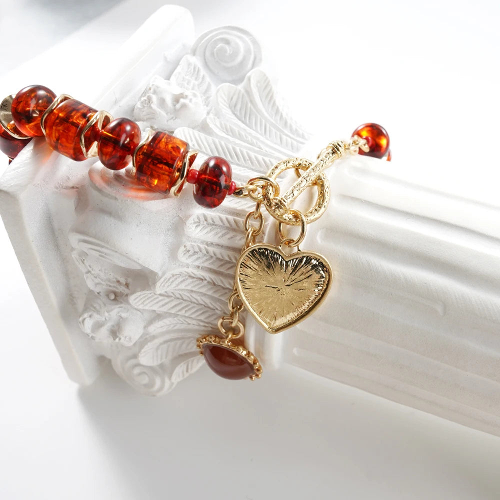 Women's Amber Tone Beaded Jewelry Set with Gold Tone Charms - Statement Necklace And Stackable Bracelets for Everyday Use Good Vibrations