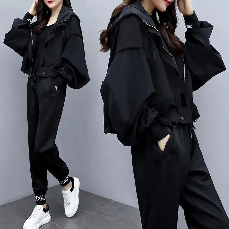 JOEVILU 2PCS Casual Tracksuit Loose Jacket Track Pants 2 Piece Sets Women's Outfits Spring/Autumn Korean Streetwear Leisure Suit Good Vibrations