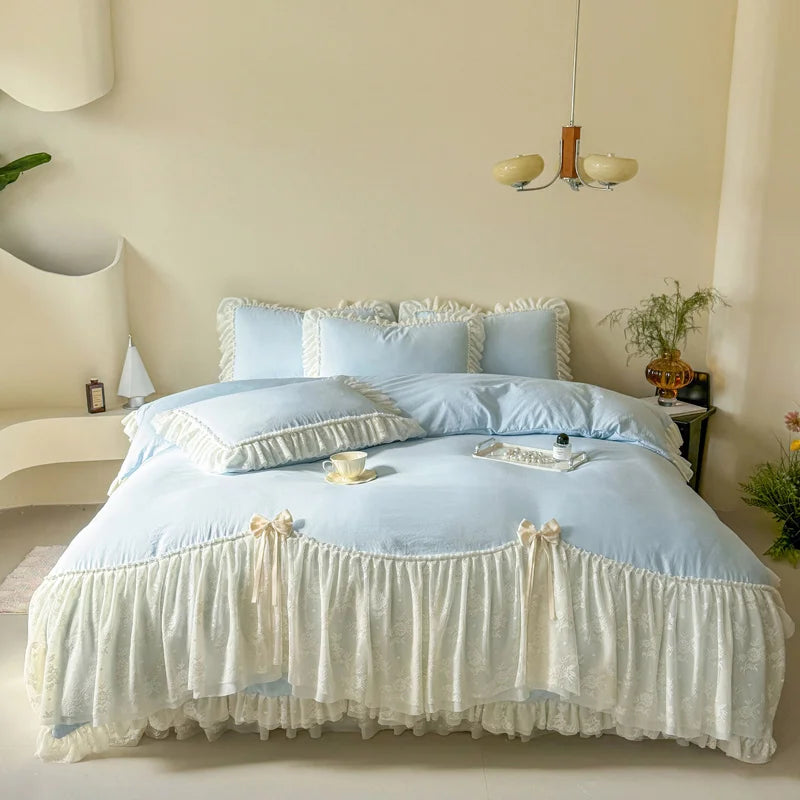 Korean style Princess lace bow bedding set pink sweet girl chiffon ruffles duvet cover bed sheet pillowcase wedding home textile Good Vibrations