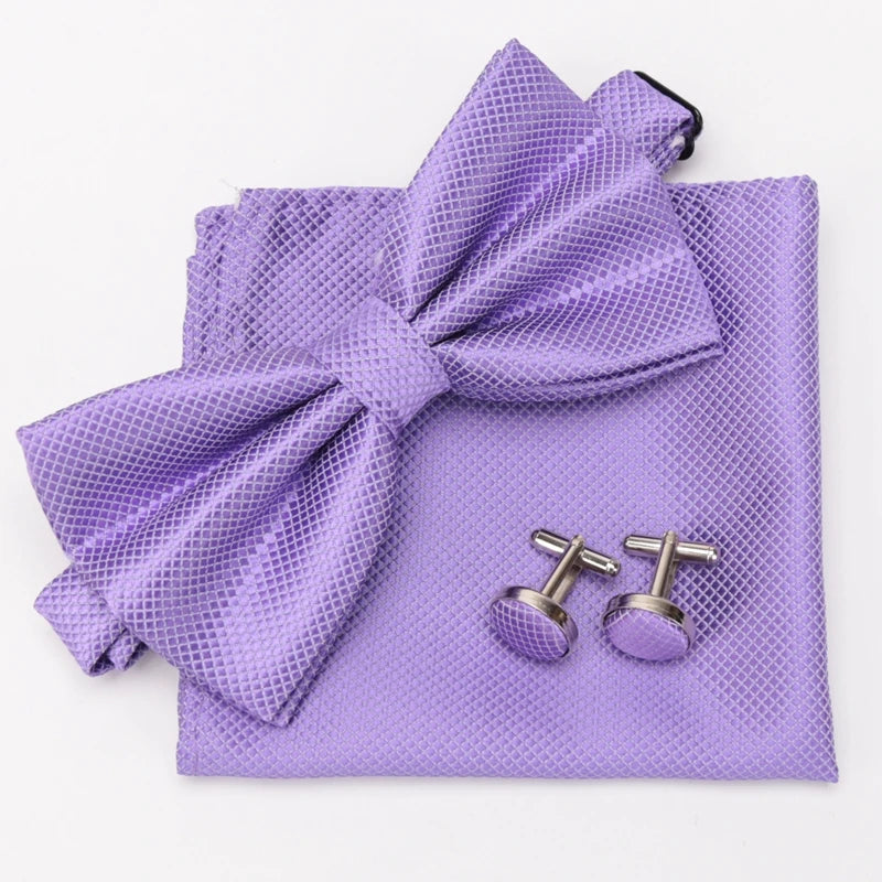 Men Bowtie Set 3pcs Plaids Classic Fashion Wedding Party Formal Cufflinks Bow Tie Handkerchief Cuff Links Lots Three Piece Set Good Vibrations