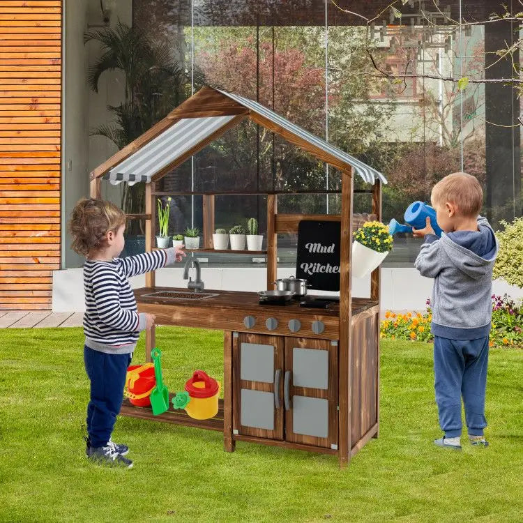 Solid Wood Outdoor Kid's Playhouse with Canopy Mud Kitchen for Outdoor Play Good Vibrations