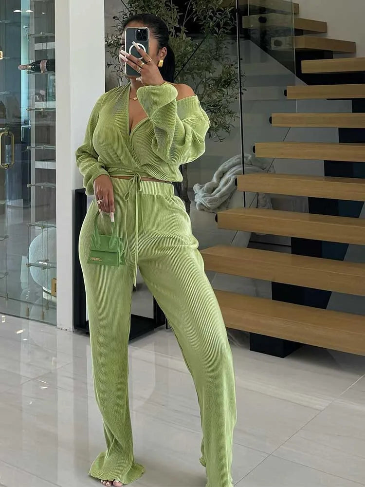 Casual Sets Womens Outfits Fall Clothes 2 Piece Lounge Set Draped Top and Elastic Wrap Pant Sets Outfits Wholesale Dropshipping Good Vibrations