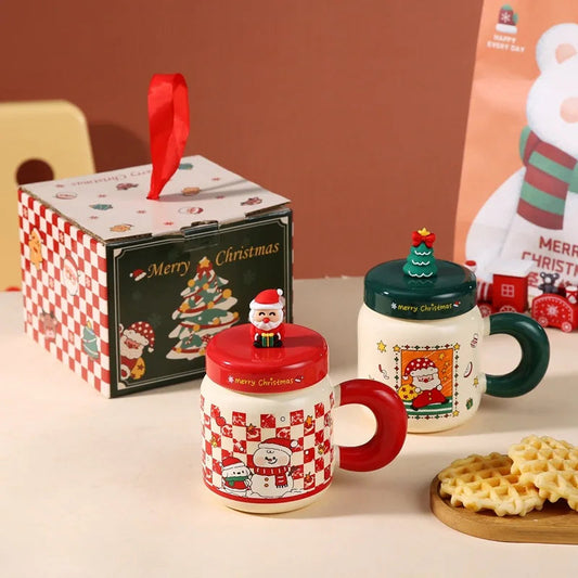 Christmas gifts: Ceramic cups with LIDS, spoons, cartoon mugs, high appearance level, creative New Year gifts and souvenirs Good Vibrations