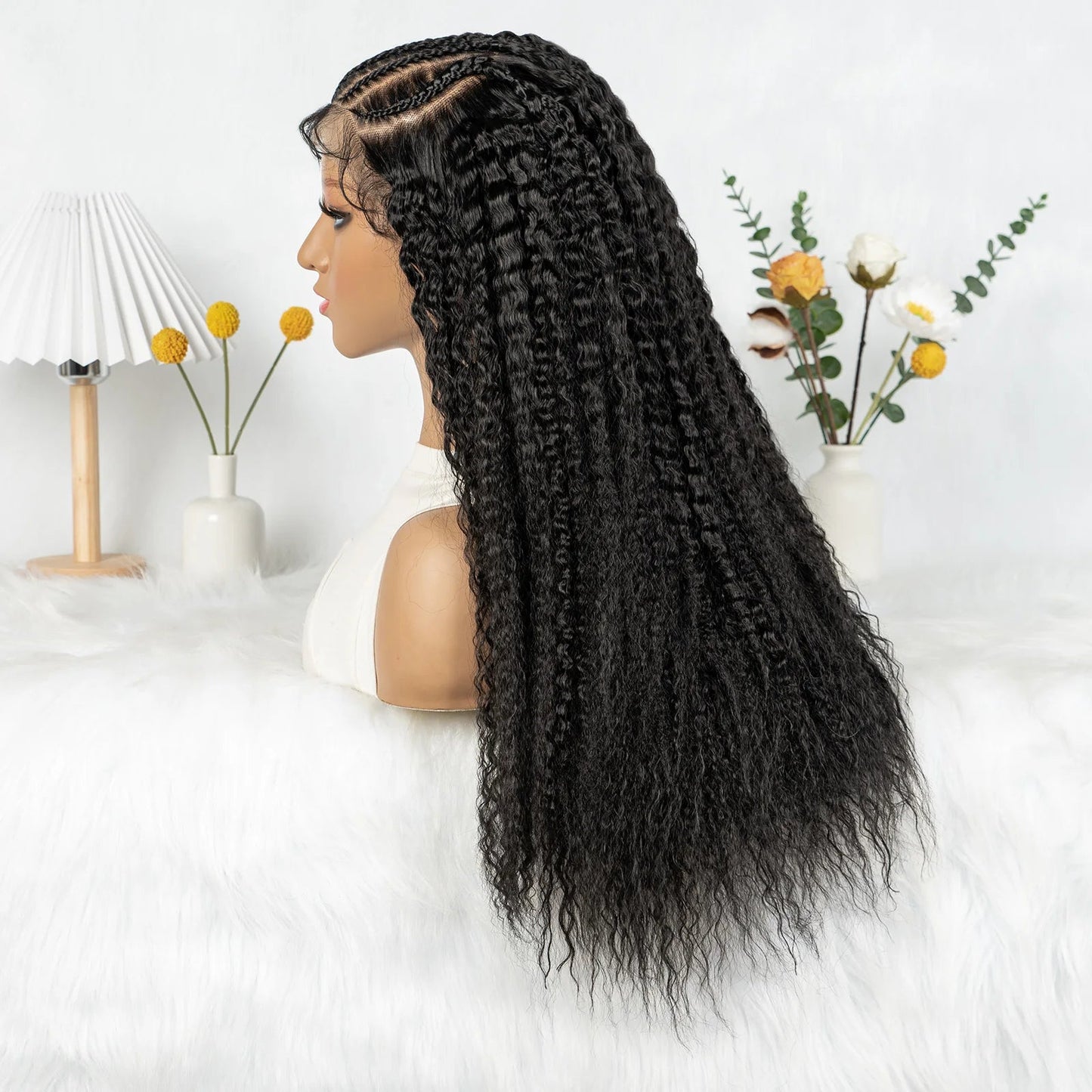 Knotless Braided Wigs With Curly Hair 13x6 Synthetic Braided Wigs Cornrows Wigs Afro Kinky Curly  Braided Wigs For Black Women Good Vibrations