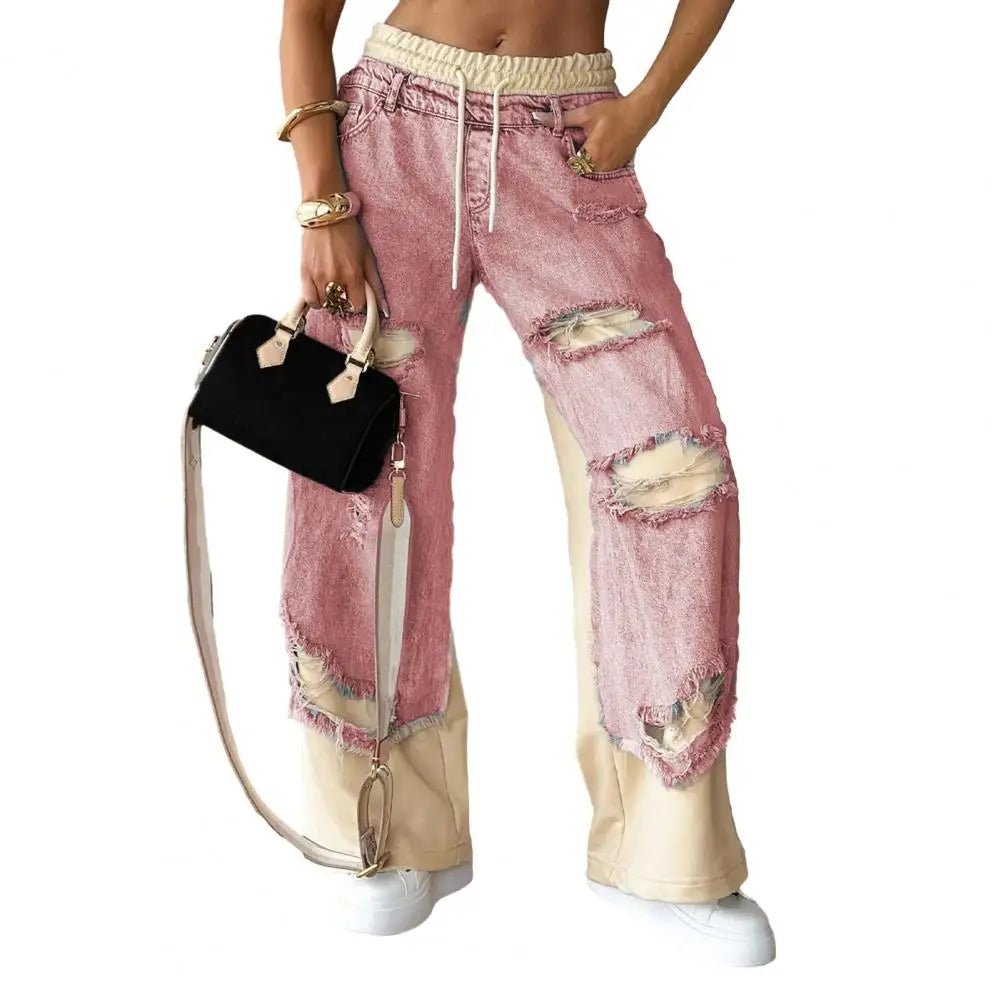 Summer Women's Large Hole Patchwork Jeans High Waist Wide Legs Trousers Cool Girl Casual Bottoms Female Denim Pants Good Vibrations