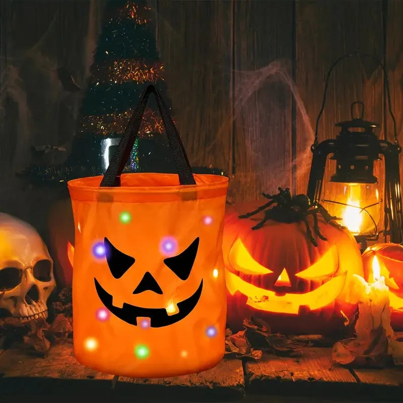 1-20PC LEDLight Up Halloween Pumpkin Candy Tote Bag Basket for Kids Trick or Treat Party Bucket for Holiday Event Decoration Use Good Vibrations