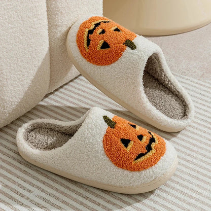Smile Pumpkin Halloween Women's Slippers Winter Indoor Cartoon Comfort Home Bedroom Soft Causal Flat Plush Shoes for Gift Good Vibrations