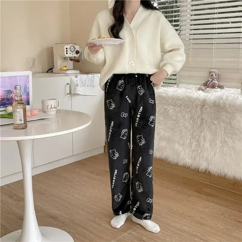 Sanrio Cartoon Hello Kitty Flannel Pajamas Black Women's Warm Woolen Cartoon Casual Home Pants In Autumn Winter Fashion Trousers Good Vibrations