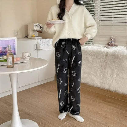 Sanrio Cartoon Hello Kitty Flannel Pajamas Black Women's Warm Woolen Cartoon Casual Home Pants In Autumn Winter Fashion Trousers Good Vibrations