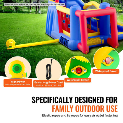 Inflatable Bounce House, Outdoor High Quality Playhouse Trampoline, Jumping Bouncer with Blower, Slide, and Storage Bag, Family Good Vibrations