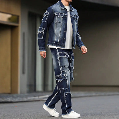 Men's spring and autumn denim suit, multi - pocket design, wide straight - leg pants style Good Vibrations