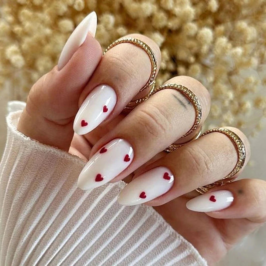 24PCS- white almond fake nails, red love pattern decoration, exquisite elegance, fashion generous, suitable for dating, dinner, Good Vibrations