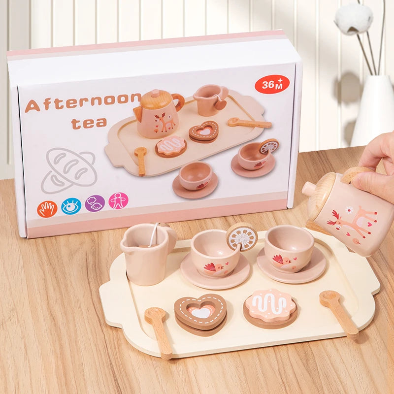 Afternoon Tea Set Wooden Toy Pretend Play Food Learning Role Play Game Early Educational Toys for Toddlers Girls Boys Kids Gifts Good Vibrations