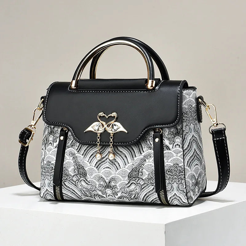 Embroidered Color-Block Handbag Women's Trendy Crossbody Bag Elegant Top-Handle Purse Fashionable Designer Shoulder Bag Lady Good Vibrations
