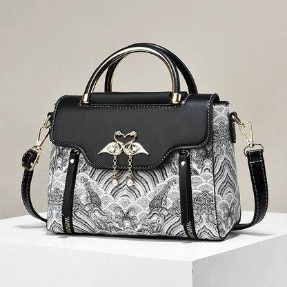 Embroidered Color-Block Handbag Women's Trendy Crossbody Bag Elegant Top-Handle Purse Fashionable Designer Shoulder Bag Lady Good Vibrations
