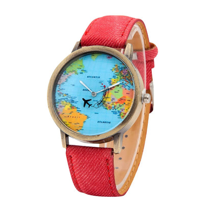 Fashion Global World Map Plane Denim Fabric Band Watch Casual Men Women Wristwatches Quartz Watch Gift Horloges Relógio Good Vibrations