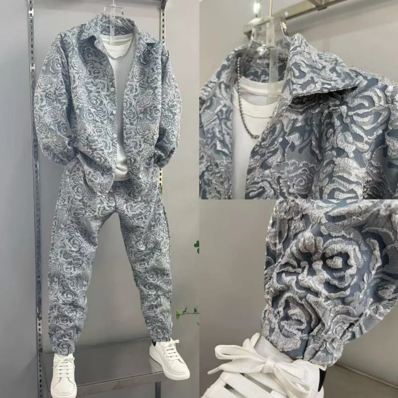 2025 New Men's casual fashion two-piece pants set, sporty lapel jacquard shirt, long-sleeved spring and autumn set Good Vibrations