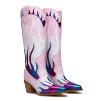 Women's Metallic Western Boots with Pointed Toe, Mid-calf To Knee-high Height, Sparkly and Colorful Design. Stylish Cowgirl Look Good Vibrations