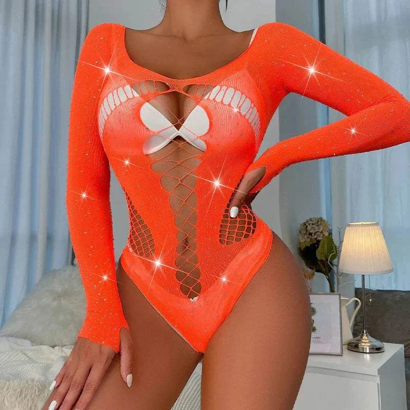 Women’s sexy rhinestone fishnet bodysuit with long sleeves and hollow design in vibrant orange.