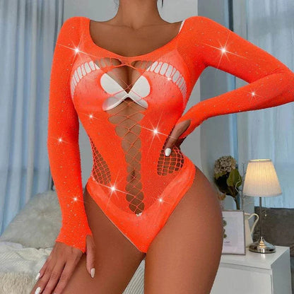 Women’s sexy rhinestone fishnet bodysuit with long sleeves and hollow design in vibrant orange.
