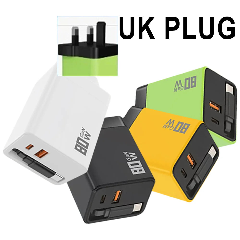 3 In 1 80W GaN Fast Charger Built-in Retractable Type-C Cable USB Type-C Charging Head For Universal USB Charging Power Adapter Good Vibrations