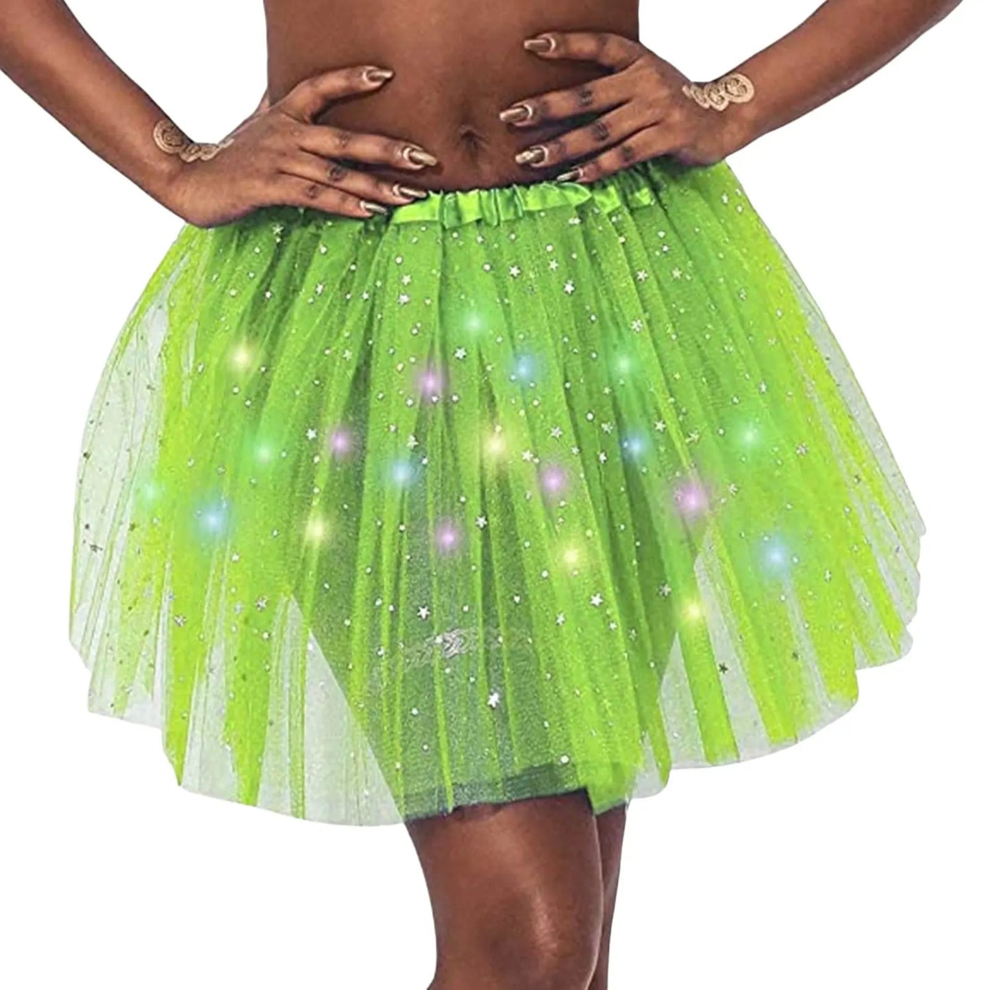 Halloween Cosplay Women Star Sequins Mesh Pleated Tulle Princess Skirt With LED Skirt Party Dancing Miniskirt Costume Clothing Good Vibrations