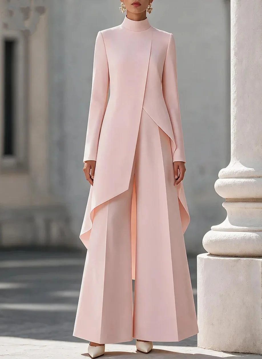 Woman's Autumn Stand Collar Top With Wide Leg Pants Two-piece Set Fashion Solid Irregular Long Top Suit Lady Chic Office Outfit Good Vibrations