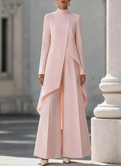 Woman's Autumn Stand Collar Top With Wide Leg Pants Two-piece Set Fashion Solid Irregular Long Top Suit Lady Chic Office Outfit Good Vibrations