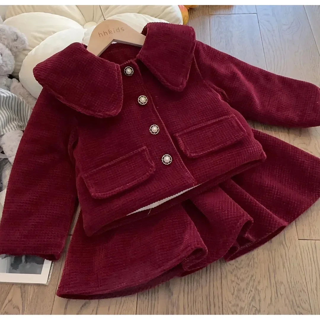 Girls Set Red New Year Dress Set  New Baby Cotton Clip Thickened Women Treasure Coat Top Autumn/Winter Plush Skirt Two Piece Set Good Vibrations
