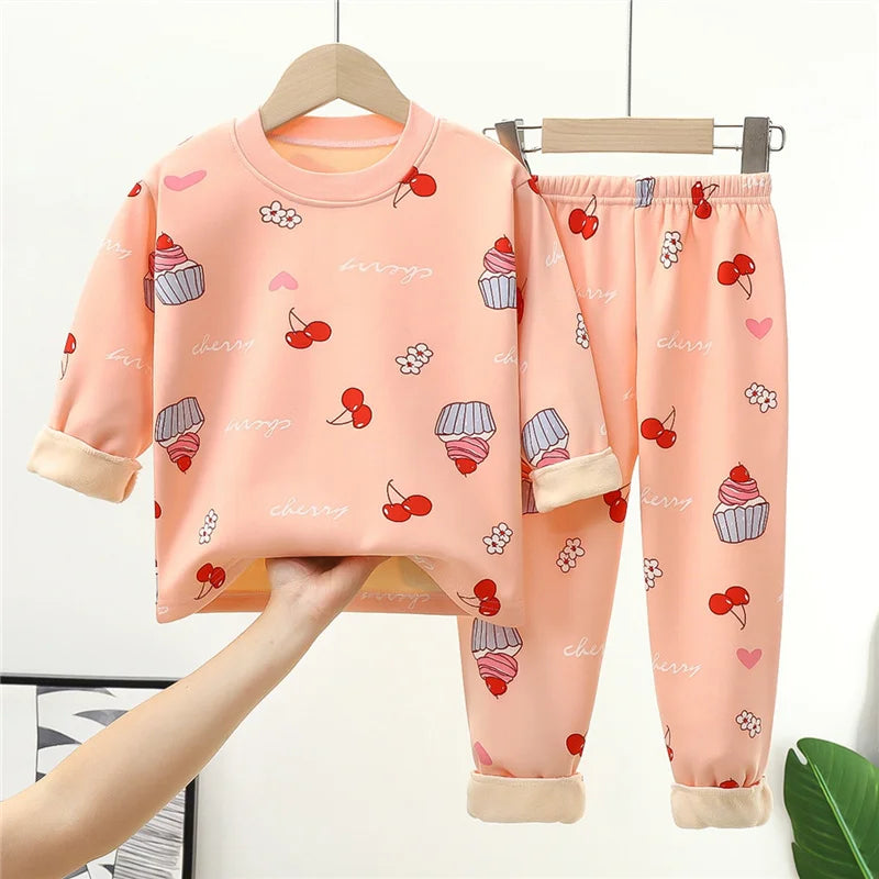 Kids Warm Pajama Sets Autumn Winter Plus Velvets Clothing Suits Boys Girls Fashion Print Pullover+Pants 2Pcs Outfits 1-14 Years Good Vibrations