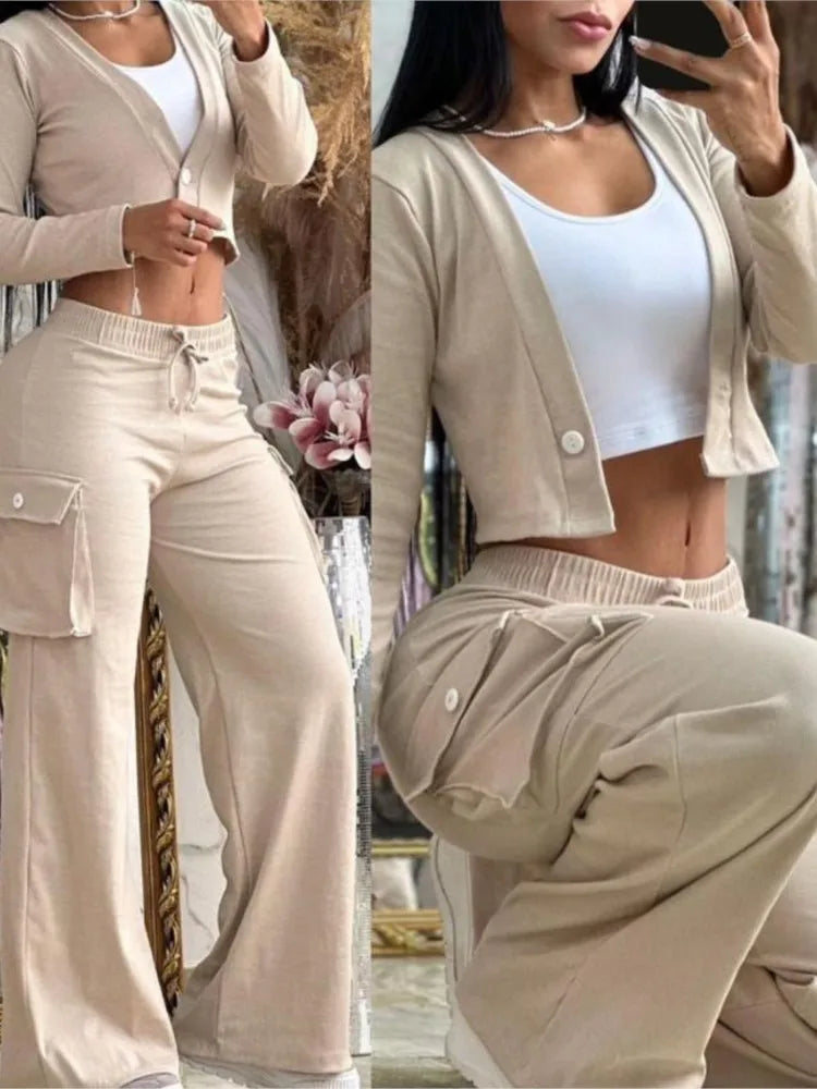 Women's Spring Summer New Fashionable Solid Color Printed Sexy Waist Short Top Casual Pants Set For Women Good Vibrations