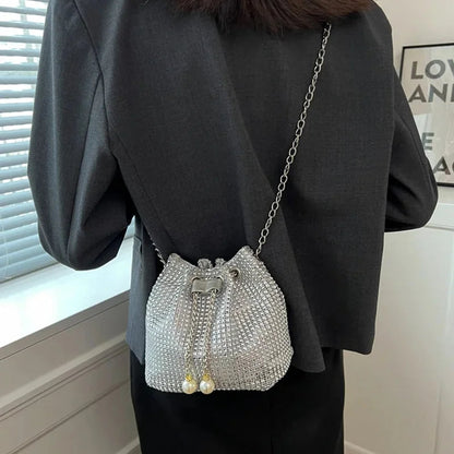Women's Crossbody Bag with Embellished Cord Strass, Multifunctional Bucket Bag Formal Daily Use Good Vibrations