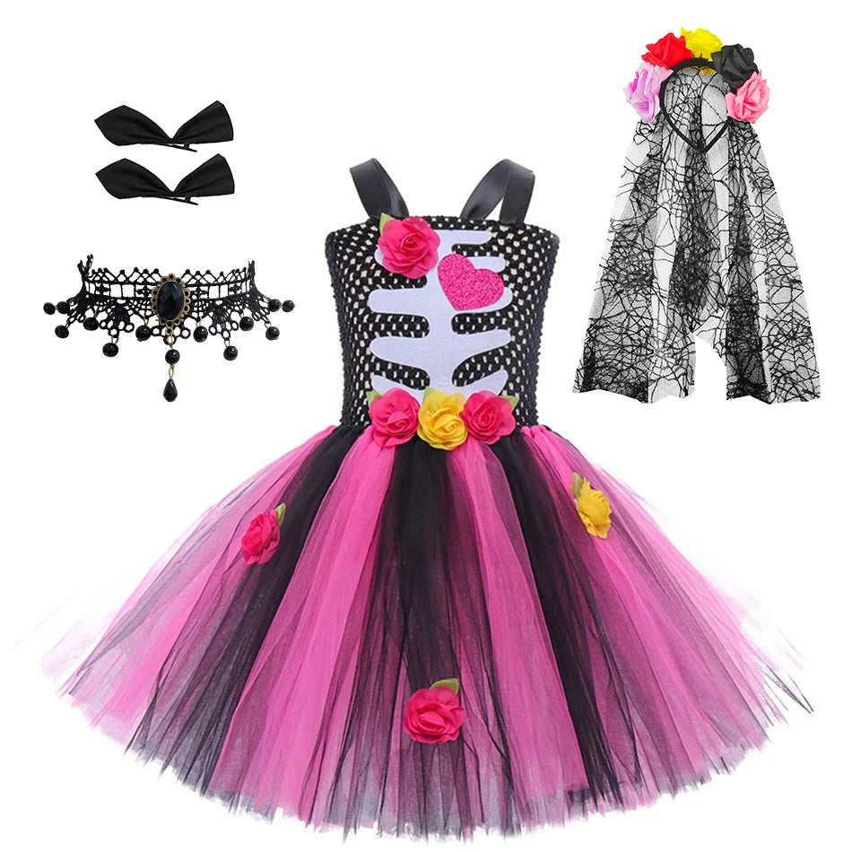 Halloween Kids Dress Cosplay Heart Print Skeleton Costumes Girls Floral Skull Tutu Clothes Children Carnival Performance Outfits Good Vibrations