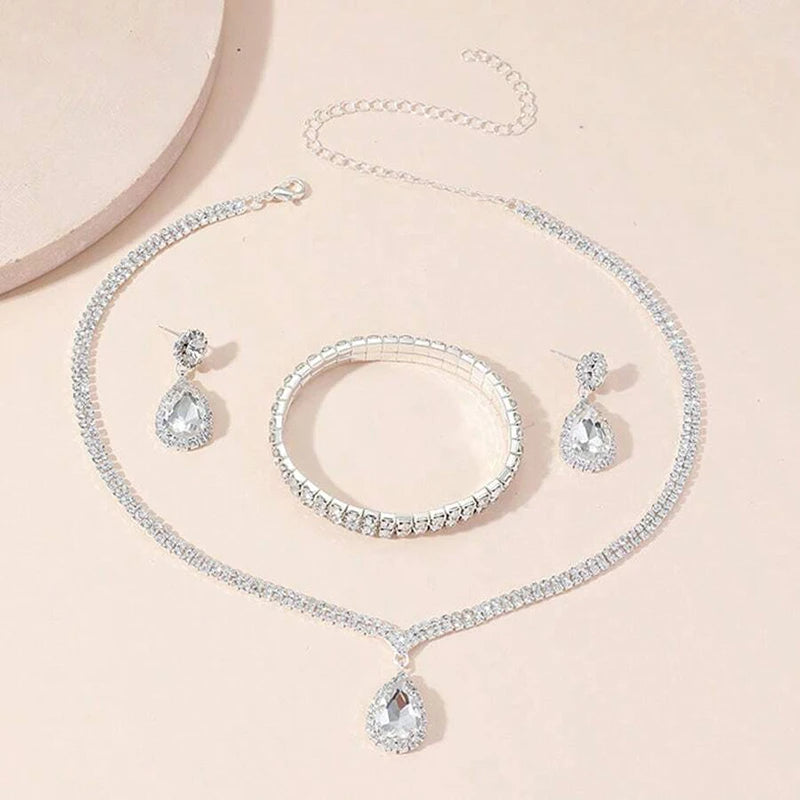4 Pieces Luxurious Jewelry Set Exquisite Rhinestone Pendant Elegant Women's Crystal Silver Plated Necklace Earrings Bracelet Set Good Vibrations Adult Super Store