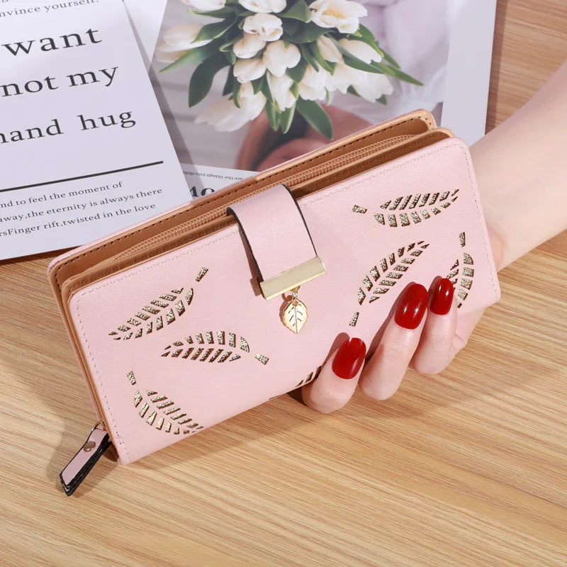 Women Wallet PU Leather Purse Female Long Wallet Gold Hollow Leaves Pouch Handbag For Women Coin Purse Card Holders Clutch Good Vibrations
