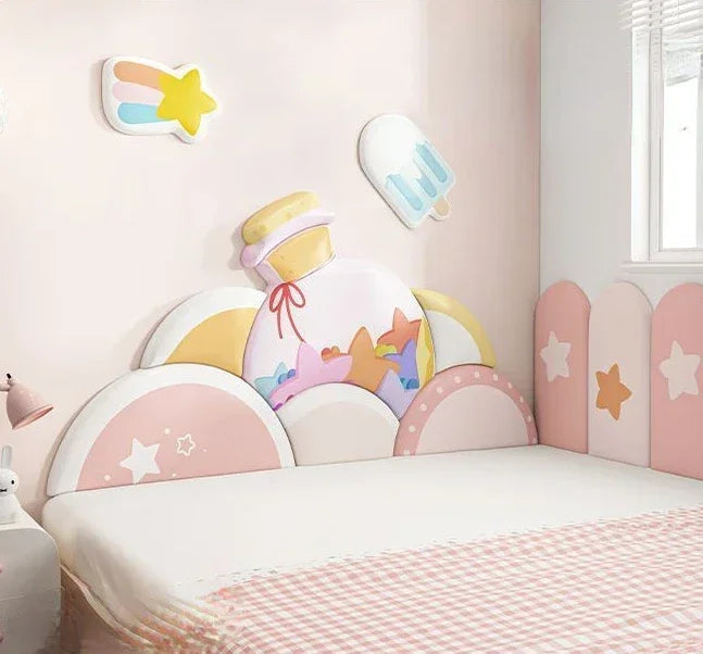 Cartoon Bed Head Board Headboard Kids Room Decor Aesthetic 3D Wall Stickers Anti-collision Wall Panels Home Decoration Good Vibrations