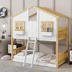 Floor House Bunk Bed with Roof and Window,Built-in Storage Box,Wooden Guardrails with Door/Ladder,Low Bunker Bed Twin Over Twin Good Vibrations