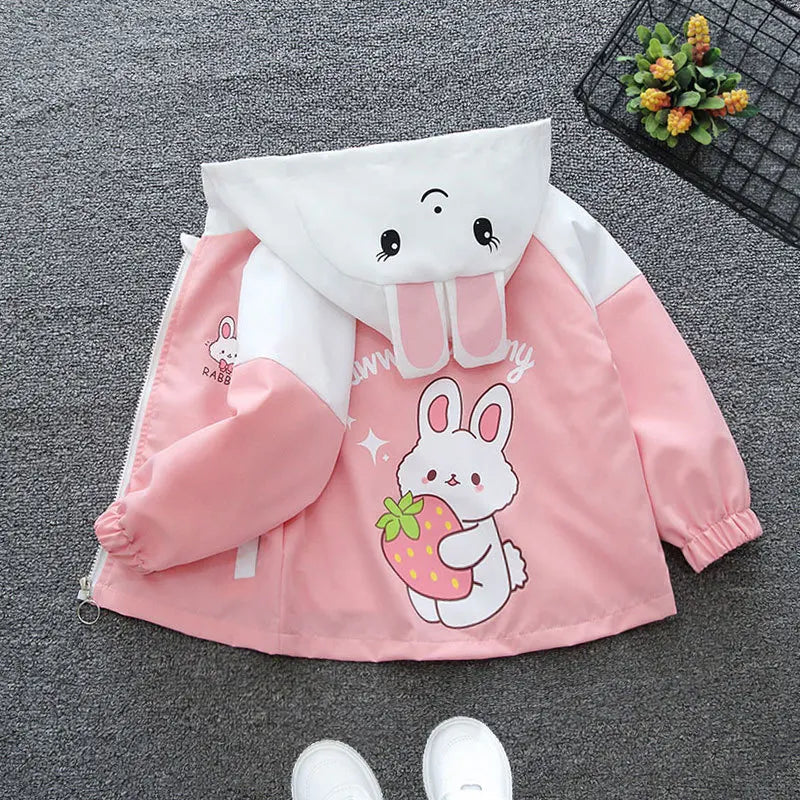 Strawberry Rabbit Baby Girls Jacket Cute Cartoon Windproof Outerwear Hooded Zipper Girls Coat 1 2 3 4 5 6 Years New Kids Clothes Good Vibrations