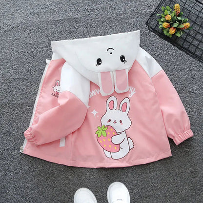 Strawberry Rabbit Baby Girls Jacket Cute Cartoon Windproof Outerwear Hooded Zipper Girls Coat 1 2 3 4 5 6 Years New Kids Clothes Good Vibrations