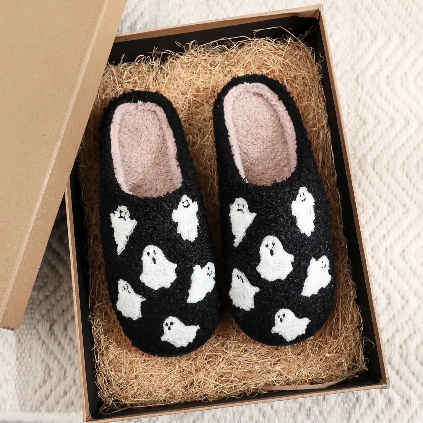 Halloween Ghost Pattern Black Cotton Slippers Non-slip Thick Sole Lightweight stuffed Slippers Holiday Gift Good Vibrations