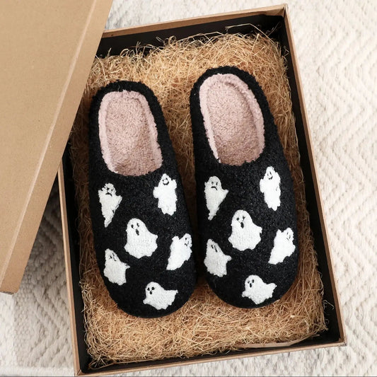 Halloween Ghost Pattern Black Cotton Slippers Non-slip Thick Sole Lightweight stuffed Slippers Holiday Gift Good Vibrations