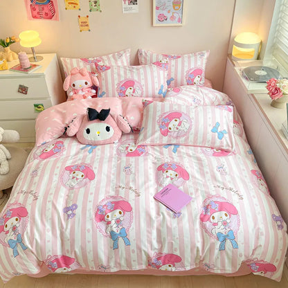 Sanrio 100% Cotton Bedding Set Cute Hello Kitty Kuromi Melody King Queen Pillowcase Bed Linens Girl Dorm Bedclothes Home Textile Good Vibrations