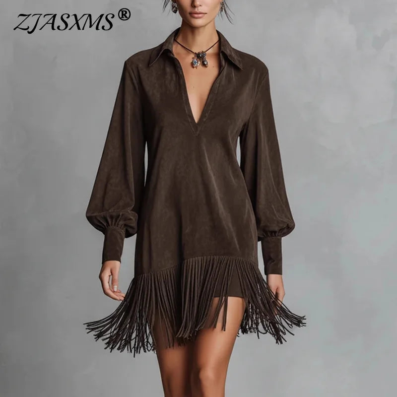 Spring Retro Solid Imitation Suede Tassel Dress Woman Sexy Lapel Hollow A-Line Mini Dress Autumn Long Sleeve Elegant Party Dress Good Vibrations