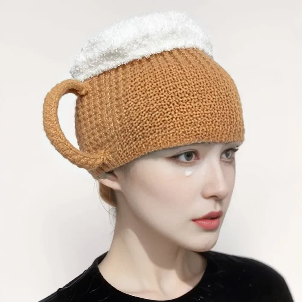3D Beer Cup Hat Funny Creative Knitted Pullover Cap Autumn Winter Versatile Unisex Warm Hairline Cap Beer Lovers' Year Presents Good Vibrations