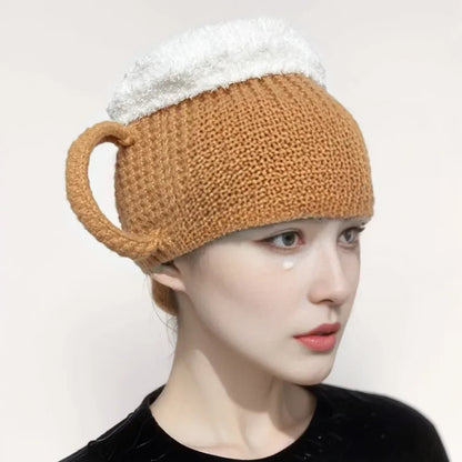 3D Beer Cup Hat Funny Creative Knitted Pullover Cap Autumn Winter Versatile Unisex Warm Hairline Cap Beer Lovers' Year Presents Good Vibrations