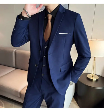 Suit (suit +Vest+Pants) Formal Business Men Four Seasons Professional Fashion Gentleman Solid Color Outdoor British Style Suit
