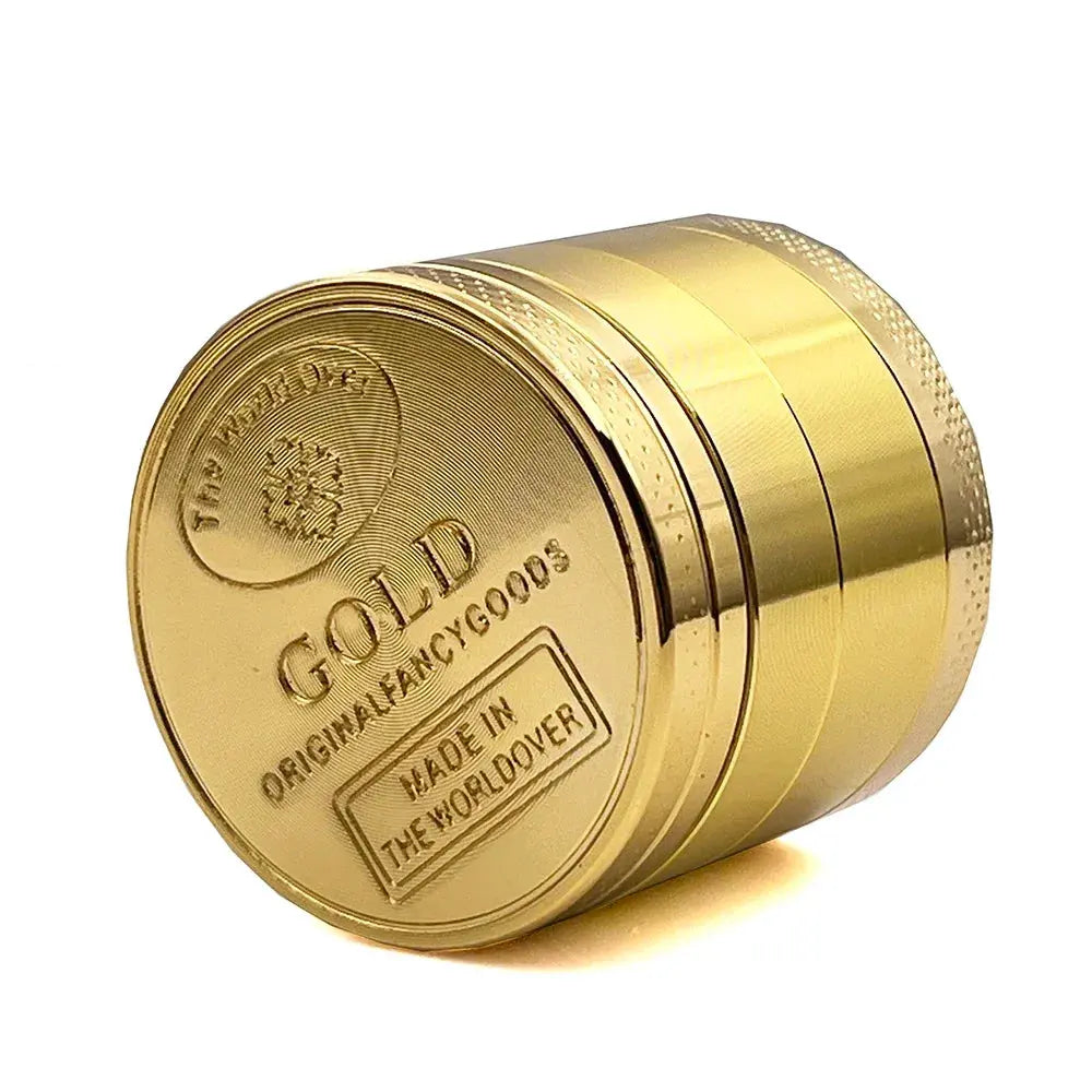 Gold zinc alloy herb grinder, 4-part design, 40mm size, tobacco crusher, cigarette accessory.
