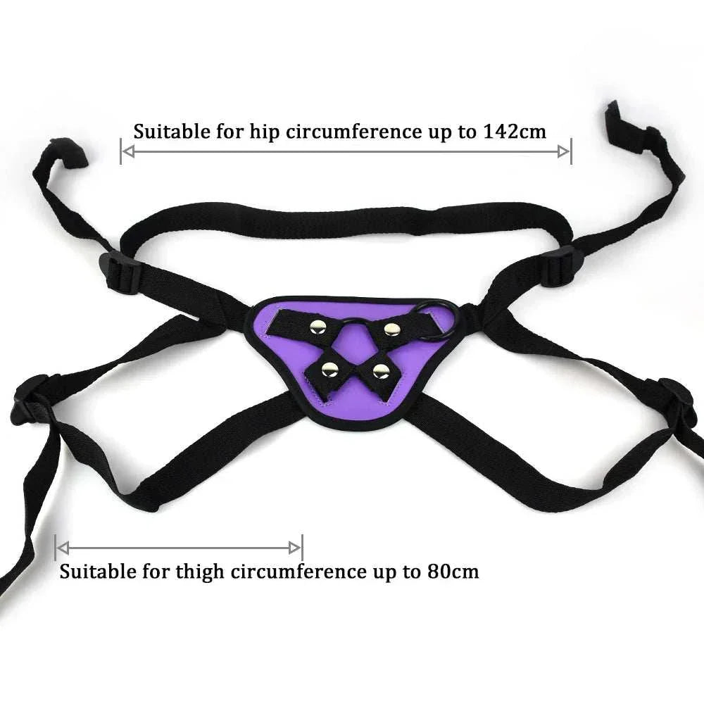 Adjustable bondage harness in purple, suitable for hip circumference up to 142cm and thigh circumference up to 80cm, featuring durable straps.