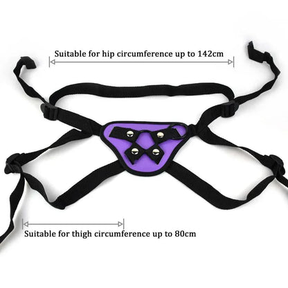 Adjustable bondage harness in purple, suitable for hip circumference up to 142cm and thigh circumference up to 80cm, featuring durable straps.