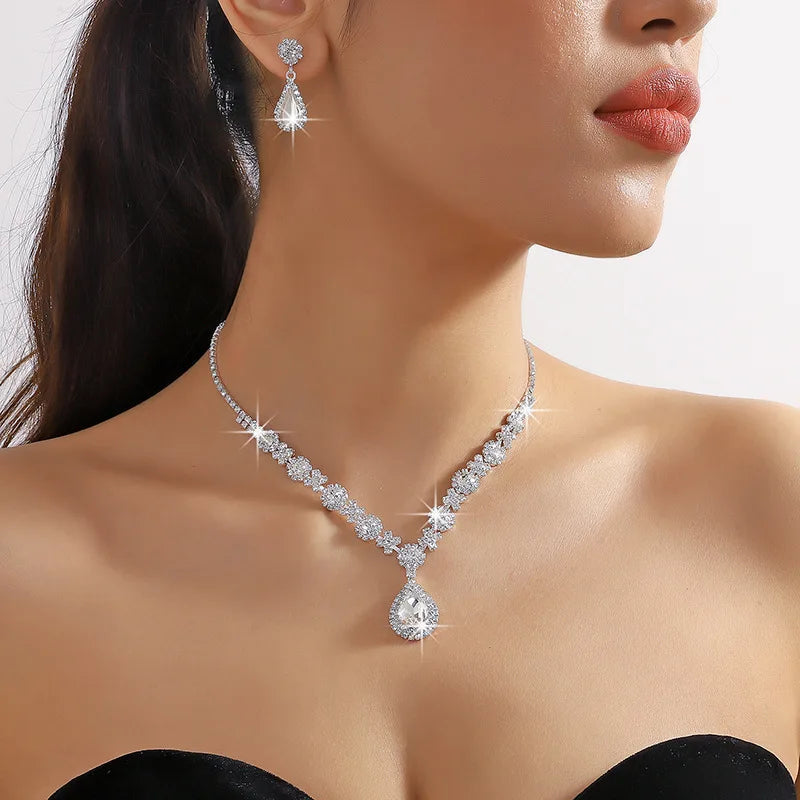 3 pieces of women's crystal droplet necklace with earrings set for wedding evening dress accessories Good Vibrations